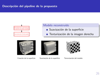 26
Descripci´on del pipeline de la propuesta
Modelo reconstruido
Suavizaci´on de la superﬁcie
Texturizaci´on de la imagen derecha
Creaci´on de la superﬁcie Suavizaci´on de la superﬁcie Texturizaci´on del modelo
 