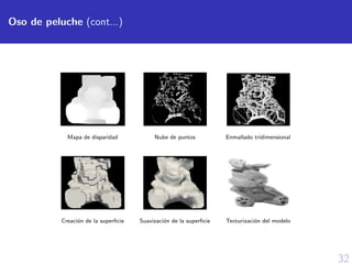 32
Oso de peluche (cont...)
Mapa de disparidad Nube de puntos Enmallado tridimensional
Creaci´on de la superﬁcie Suavizaci´on de la superﬁcie Texturizaci´on del modelo
 
