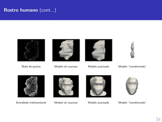 34
Rostro humano (cont...)
Nube de puntos Modelo sin suavizar Modelo suavizado Modelo “transformado”
Enmallado tridimensional Modelo sin suavizar Modelo suavizado Modelo “transformado”
 