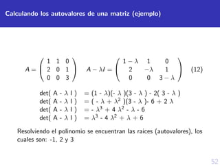 52
Calculando los autovalores de una matriz (ejemplo)
A =


1 1 0
2 0 1
0 0 3

 A − λI =


1 − λ 1 0
2 −λ 1
0 0 3 − λ

 (12)
det( A - λ I ) = (1 - λ)(- λ )(3 - λ ) - 2( 3 - λ )
det( A - λ I ) = ( - λ + λ2 )(3 - λ )- 6 + 2 λ
det( A - λ I ) = - λ3 + 4 λ2 - λ - 6
det( A - λ I ) = λ3 - 4 λ2 + λ + 6
Resolviendo el polinomio se encuentran las raices (autovalores), los
cuales son: -1, 2 y 3
 