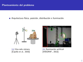 4
Planteamiento del problema
Arquitectura f´ısica, posici´on, distribuci´on e iluminaci´on.
(a) Una sola c´amara
[Cipolla et al., 2010]
(b) Iluminaci´on artiﬁcial
[VISGRAF., 2012]
 