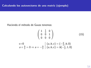 54
Calculando los autovectores de una matriz (ejemplo)
Haciendo el m´etodo de Gauss tenemos:


1 1
2 0
0 0 1
0 0 0

 (15)
c=0 (a, b, c) = (−b
2 , b, 0)
a + b
2 = 0 ⇒ a = −b
2 (a, b, c) = b(−1
2, 1, 0)
 