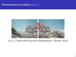 6
Planteamiento del problema (cont...)
Figura: ¿ C´omo hallar los puntos correspondientes ? [Szeliski, 2011].
 