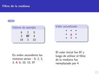 72
Filtro de la mediana
slide
Valores de ejemplo
6 2 0
3 97 4
19 3 10
En orden ascendente los
n´umeros ser´ıan : 0, 2, 3,
3, 4, 6, 10, 15, 97
Valor actualizado
* * *
* 4 *
* * *
El valor inicial fue 97 y
luego de utilizar el ﬁltro
de la mediana fue
reemplazado por 4
 