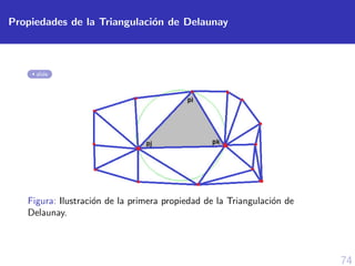 74
Propiedades de la Triangulaci´on de Delaunay
slide
Figura: Ilustraci´on de la primera propiedad de la Triangulaci´on de
Delaunay.
 