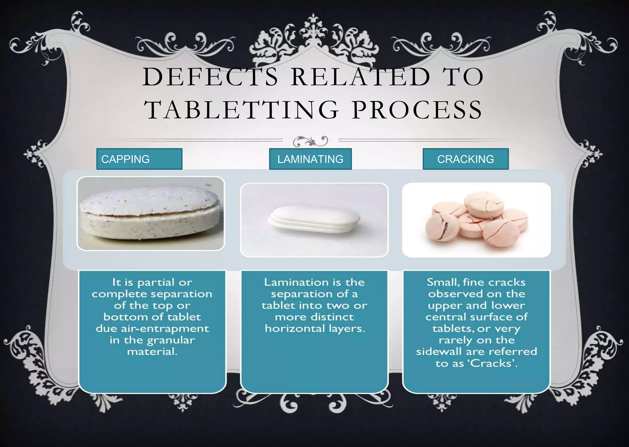 DEFECTS RELATED TO
TABLETTING PROCESS
LAMINATINGCAPPING CRACKING
 