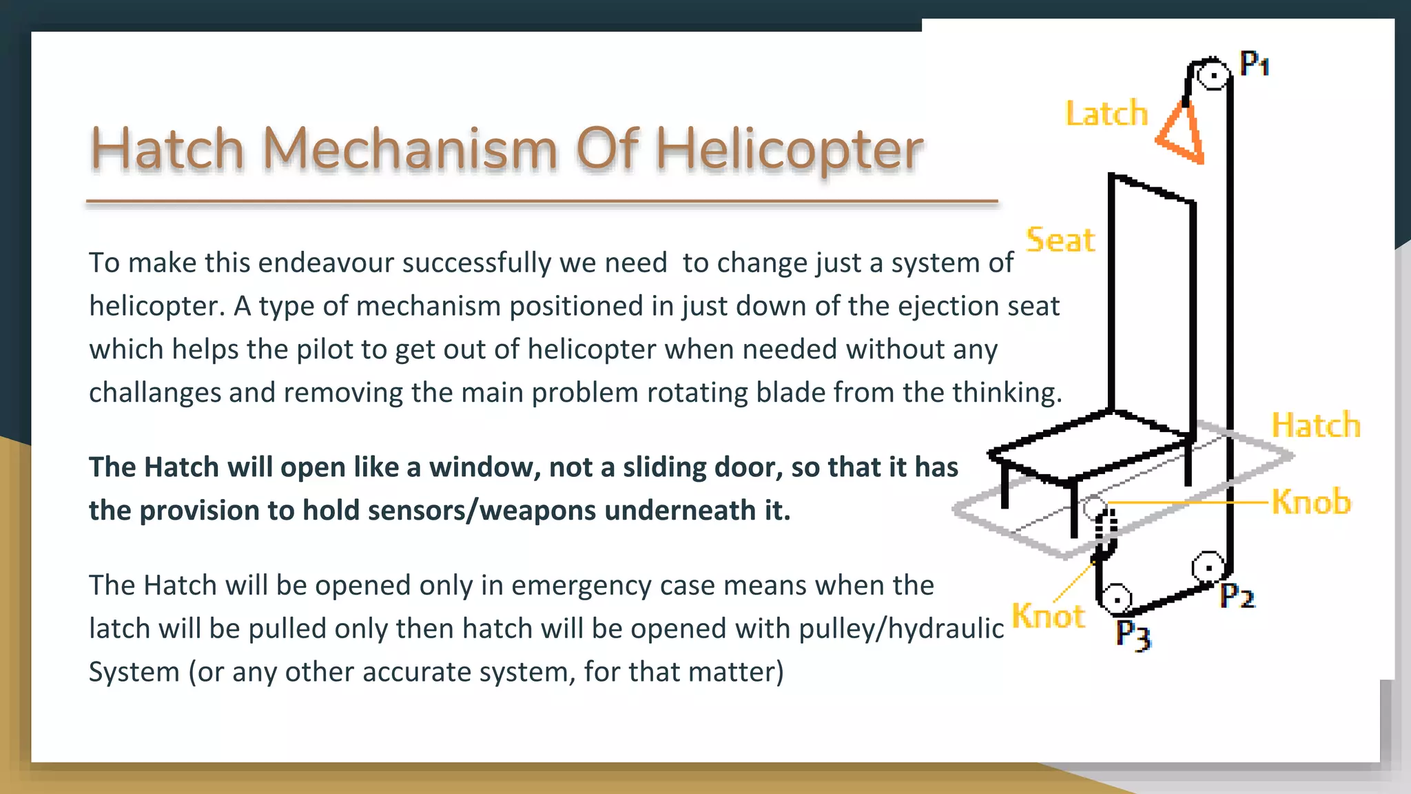 Hatch Mechanism Of Helicopter
To make this endeavour successfully we need to change just a system of
helicopter. A type of mechanism positioned in just down of the ejection seat
which helps the pilot to get out of helicopter when needed without any
challanges and removing the main problem rotating blade from the thinking.
The Hatch will open like a window, not a sliding door, so that it has
the provision to hold sensors/weapons underneath it.
The Hatch will be opened only in emergency case means when the
latch will be pulled only then hatch will be opened with pulley/hydraulic
System (or any other accurate system, for that matter)
 