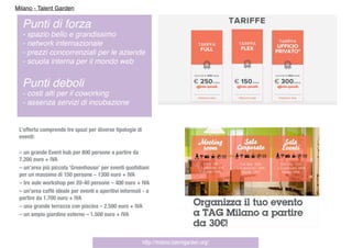 http://milano.talentgarden.org/
Milano - Talent Garden
L’offerta comprende tre spazi per diverse tipologie di
eventi:
– un grande Event hub per 800 persone a partire da
7.200 euro + IVA
– un’area più piccola ‘Greenhouse’ per eventi quotidiani
per un massimo di 150 persone – 1300 euro + IVA
– tre aule workshop per 20-40 persone – 400 euro + IVA
– un’area caffè ideale per eventi e aperitivi informali - a
partire da 1.700 euro + IVA
– una grande terrazza con piscina – 2.500 euro + IVA
– un ampio giardino esterno – 1.500 euro + IVA
Punti di forza
- spazio bello e grandissimo
- network internazionale
- prezzi concorrenziali per le aziende
- scuola interna per il mondo web
Punti deboli
- costi alti per il coworking
- assenza servizi di incubazione
 