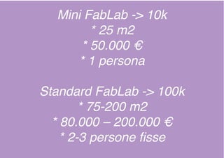 Mini FabLab -> 10k
* 25 m2
* 50.000 €
* 1 persona
Standard FabLab -> 100k
* 75-200 m2
* 80.000 – 200.000 €
* 2-3 persone fisse
 