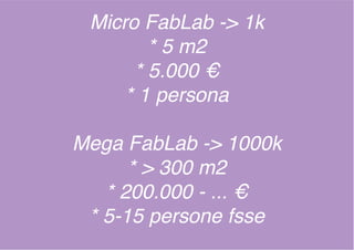 Micro FabLab -> 1k
* 5 m2
* 5.000 €
* 1 persona
Mega FabLab -> 1000k
* > 300 m2
* 200.000 - ... €
* 5-15 persone fsse
 