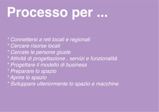 Processo per ...
* Connettersi a reti locali e regionali
* Cercare risorse locali
* Cercate le persone giuste
* Attività di progettazione , servizi e funzionalità
* Progettare il modello di business
* Preparare lo spazio
* Aprire lo spazio
* Sviluppare ulteriormente lo spazio e macchine
 