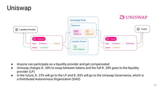 Uniswap
● Anyone can participate as a liquidity provider and get compensated
● Uniswap charges 0.30% to swap between tokens and the full 0.30% goes to the liquidity
provider (LP)
● In the future, 0.25% will go to the LP and 0.05% will go to the Uniswap Governance, which is
a Distributed Autonomous Organization (DAO)
14
 