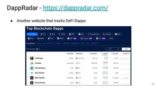 DappRadar - https://dappradar.com/
● Another website that tracks DeFi Dapps
25
 