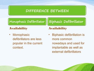 Availability
• Monophasic
defibrillators are less
popular in the current
context.
Availability
• Biphasic defibrillation is
more common
nowadays and used for
implantable as well as
external defibrillators
 