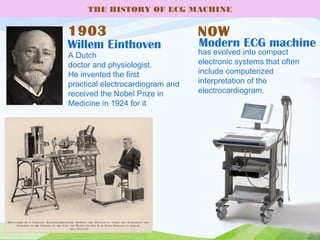 THE HISTORY OF ECG MACHINE
1903
A Dutch
doctor and physiologist.
He invented the first
practical electrocardiogram and
received the Nobel Prize in
Medicine in 1924 for it
Willem Einthoven
NOW
Modern ECG machine
has evolved into compact
electronic systems that often
include computerized
interpretation of the
electrocardiogram.
 