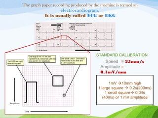 The graph paper recording produced by the machine is termed an
electrocardiogram,
It is usually called ECG or EKG
STANDARD CALLIBRATION
Speed = 25mm/s
Amplitude =
0.1mV/mm
1mV 10mm high
1 large square  0.2s(200ms)
1 small square 0.04s
(40ms) or 1 mV amplitude
 