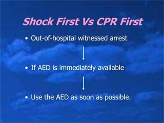 Shock First Vs CPR First
• Out-of-hospital witnessed arrest
• If AED is immediately available
• Use the AED as soon as possible.
 