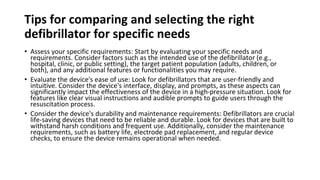 Tips for comparing and selecting the right
defibrillator for specific needs
• Assess your specific requirements: Start by evaluating your specific needs and
requirements. Consider factors such as the intended use of the defibrillator (e.g.,
hospital, clinic, or public setting), the target patient population (adults, children, or
both), and any additional features or functionalities you may require.
• Evaluate the device's ease of use: Look for defibrillators that are user-friendly and
intuitive. Consider the device's interface, display, and prompts, as these aspects can
significantly impact the effectiveness of the device in a high-pressure situation. Look for
features like clear visual instructions and audible prompts to guide users through the
resuscitation process.
• Consider the device's durability and maintenance requirements: Defibrillators are crucial
life-saving devices that need to be reliable and durable. Look for devices that are built to
withstand harsh conditions and frequent use. Additionally, consider the maintenance
requirements, such as battery life, electrode pad replacement, and regular device
checks, to ensure the device remains operational when needed.
 
