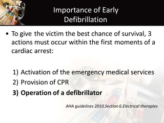 Importance of Early
Defibrillation
• To give
actions
cardiac
the victim the best chance
must occur within the first
arrest:
of survival, 3
moments of a
1)
2)
3)
Activation of the emergency medical services
Provision of CPR
Operation of a defibrillator
AHA guidelines 2010.Section 6.Electrical therapies
 