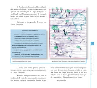 CapítuloIII-OAtendimentoEducacionalEspecializadopara
osAlunoscomSurdez:umapropostainclusiva
43
Leitura e interpretação de textos Representação da interpretação do texto por meio de desenho
O Atendimento Educacional Especializado
deve ser organizado para atender também alunos que
optaram pela aprendizagem da Língua Portuguesa na
modalidade oral. Nesse caso, o professor de português
oferece aos alunos as pistas fonéticas para a fala e a
leitura labial.
Elaboração e interpretação de textos em
Língua Portuguesa:
O aluno com surdez precisa aprender a
incorporar no seu texto as regras gramaticais da escrita
na Língua Portuguesa.
A Língua Portuguesa estrutura-se a partir da
combinaçãodevocábulosqueconectadoscorretamente
dão sentido: palavras combinadas formam frases;
frases conectadas formam orações; orações transpostas
por meio de conectivos formam períodos e assim
por diante, até chegar ao texto. Assim, se inicia o
trabalho com os alunos, paralelamente à ampliação
do vocabulário, a elaboração de tópicos frasais.
Veja exemplo:
 