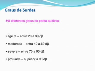 Graus de Surdez
Há diferentes graus de perda auditiva:
• ligeira – entre 20 a 39 dβ
• moderada – entre 40 a 69 dβ
• severa – entre 70 a 90 dβ
• profunda – superior a 90 dβ
 