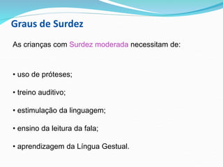 Graus de Surdez
As crianças com Surdez moderada necessitam de:
• uso de próteses;
• treino auditivo;
• estimulação da linguagem;
• ensino da leitura da fala;
• aprendizagem da Língua Gestual.
 