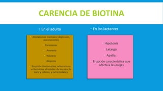CARENCIA DE BIOTINA
 Alteraciones mentales (depresión,
alucinaciones)
 Parestesias
 Anorexia
 Náuseas
 Alopecia
 Erupción descamativa, seborreica y
eritematosa alrededor de los ojos, la
nariz y la boca, y extremidades.
 Hipotonía
 Letargo
 Apatía.
 Erupción característica que
afecta a las orejas
 En el adulto  En los lactantes
 