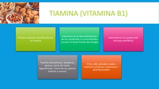 TIAMINA (VITAMINA B1)
Primera vitamina identificada por
el hombre
Interviene en la descarboxilación
de los cetoácidos α y aminoácidos
y es por lo tanto fuente de energía
Interviene en la conducción
nerviosa periférica
Fuentes alimenticias: levaduras,
granos, carne de cerdo,
leguminosas. Carne de res, granos
enteros y nueces.
El te, café, pescado crudo y
mariscos contienen tiaminasas =
DESTRUCCION!!
 