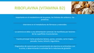 RIBOFLAVINA (VITAMINA B2)
Importante en el metabolismo de las grasas, los hidratos de carbono y las
proteínas.
Interviene en el metabolismo de fármacos y esteroides.
La carencia se debe a una alimentación carencial. Se manifiesta por lesiones
de las superficies mucocutaneas.
Fuente principal: leche productos lácteos, panes, cereales, carne magra,
pescado, huevo, brócoli y legumbres.
Diagnostico de carencia por la concentración de vitamina en eritrocitos o en
la orina; o determinando la actividad de la reductasa de glutatión
 