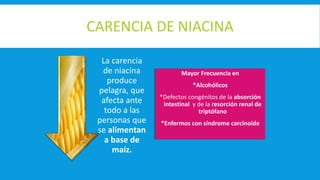 CARENCIA DE NIACINA
La carencia
de niacina
produce
pelagra, que
afecta ante
todo a las
personas que
se alimentan
a base de
maíz.
Mayor Frecuencia en
*Alcohólicos
*Defectos congénitos de la absorción
intestinal y de la resorción renal de
triptófano
*Enfermos con síndrome carcinoide
 