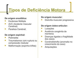 Tipos de Deficiência Motora
De origem encefálica:
 Esclerose Múltipla
 AVC (Acidente Vascular
Cerebral)
 Paralisia Cerebral;
De origem espinhal:
 Polimielite
 Traumatismos com ruptura ou
compressão medular
 Malformação (espinha bífida)
De origem muscular:
 Distrofia muscular progressiva
De origem ósteo-articular:
 Luxações
 Ausência congénita de
membros
 Doenças ligadas a fragilidade
dos ossos
 Condrodistrofia (anomalia no
crescimento do osso)
 Amputações
 