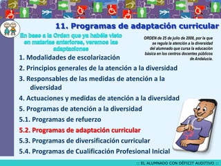 11. Programas de adaptación curricular
ORDEN de 25 de julio de 2008, por la que
se regula la atención a la diversidad
del alumnado que cursa la educación
básica en los centros docentes públicos
de Andalucía.

1. Modalidades de escolarización
2. Principios generales de la atención a la diversidad
3. Responsables de las medidas de atención a la
diversidad
4. Actuaciones y medidas de atención a la diversidad
5. Programas de atención a la diversidad
5.1. Programas de refuerzo
5.2. Programas de adaptación curricular
5.3. Programas de diversificación curricular
5.4. Programas de Cualificación Profesional Inicial

:: EL ALUMNADO CON DÉFICIT AUDITIVO ::

 