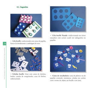 4.1. Sugestões




                                                                                                                                  • Cela braille Vasada: confeccionada em vários
                                                                                                                                  tamanhos com acetato usado em radiografias ou
                                                                           • Cela braille: confeccionada com caixas de papelão,   papelão.

28                                                                         frascos de desodorantes e embalagem de ovos.
Atendimento Educacional Especializado para Alunos com Deficiência Visual




                                                                           • Celinha braille: feitas com caixas de chicletes,
                                                                           botões, cartelas de comprimidos, caixa de fósforo,     • Caixa de vocabulário: caixa de plástico ou de
                                                                           emborrachado.                                          papelão contendo miniaturas coladas em cartões
                                                                                                                                  com o nome do objeto em braille e em tinta.
 