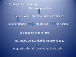 El niño y la educación Desde el principio Beneficio de sistemas educativos eficaces  Independencia  Integración  Inclusión Sociedad discriminatoria  Búsqueda de Igualdad de Oportunidades Integración Social: apoyo y ayuda de todos 