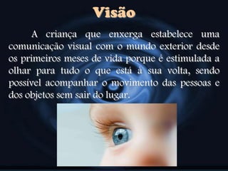 Visão
A criança que enxerga estabelece uma
comunicação visual com o mundo exterior desde
os primeiros meses de vida porque é estimulada a
olhar para tudo o que está à sua volta, sendo
possível acompanhar o movimento das pessoas e
dos objetos sem sair do lugar.
 