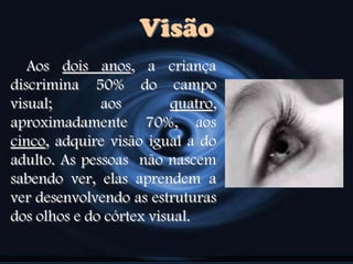 Aos dois anos, a criança
discrimina 50% do campo
visual; aos quatro,
aproximadamente 70%, aos
cinco, adquire visão igual a do
adulto. As pessoas não nascem
sabendo ver, elas aprendem a
ver desenvolvendo as estruturas
dos olhos e do córtex visual.
Visão
 