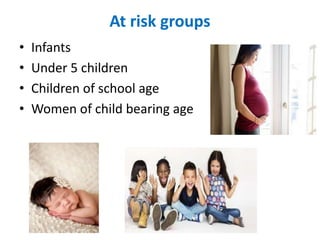 At risk groups
• Infants
• Under 5 children
• Children of school age
• Women of child bearing age
 