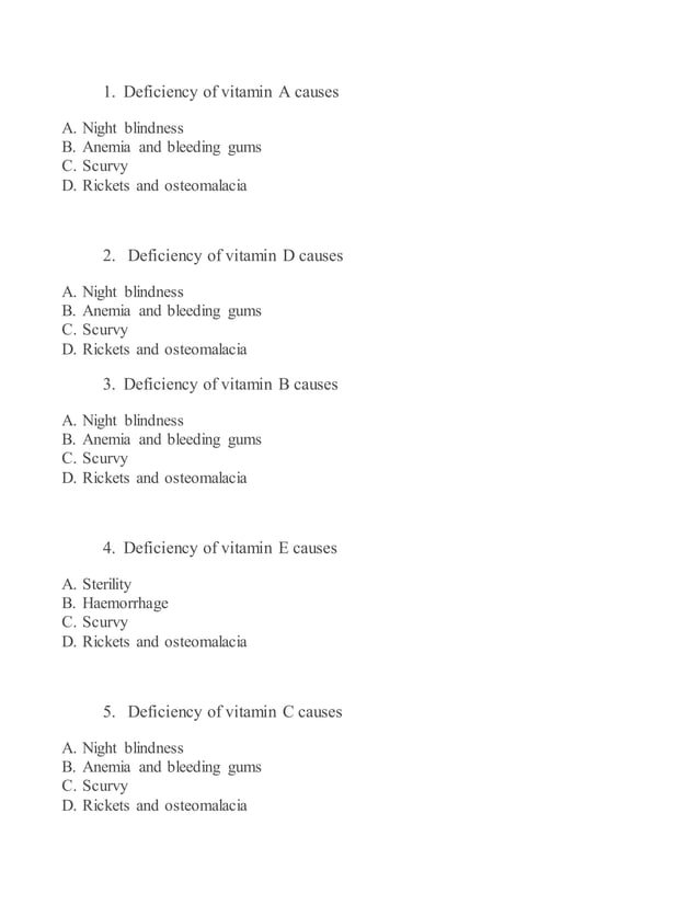 Deficiency of vitamins mcq PDF