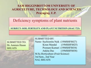 SAM HIGGINBOTTOM UNIVERSITY OF
AGRICULTURE, TECHNOLOGY AND SCIENCES
Prayagraj, U.P.
Deficiency symptoms of plant nutrients
SUBJECT- SOIL FERTILITY AND PLANT NUTRITION (SSAC-723)
SUBMITTED TO:
Dr. Amreen Hasan
SHUATS
SUBMITTED BY:
Name- Suchismita Naik (19MSHFS027)
Kiran Mandal (19MSHFS025)
Poonam Kumari (19MSHFS034)
Ankita Das (19MSHFS038)
M.Sc.Horticulture (Fruit Science)
3rd Sem., 2nd Year
NAI, SHUATS
1
 