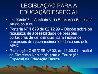 LEGISLAÇÃO PARA A EDUCAÇÃO ESPECIAL Lei 9394/96 – Capítulo V da Educação Especial/ Artigo 58 à 60. Portaria Nº 1.679 de 02.12 99 – Dispõe sobre os requisitos de acessibilidade de pessoas portadoras de deficiências, para instruir os processos de reconhecimentos de cursos pelo MEC. Resolução CNE/CEB Nº 02, de 11.09.01- Institui as Diretrizes Nacionais para a Educação Especial na Educação Básica. 