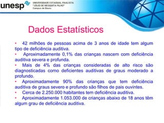 Dados Estatísticos
• 42 milhões de pessoas acima de 3 anos de idade tem algum
tipo de deficiência auditiva.
• Aproximadamente 0,1% das crianças nascem com deficiência
auditiva severa e profunda.
• Mais de 4% das crianças consideradas de alto risco são
diagnosticadas como deficientes auditivas de graus moderado a
profundo.
• Aproximadamente 90% das crianças que tem deficiência
auditiva de graus severo e profundo são filhos de pais ouvintes.
• Cerca de 2.250.000 habitantes tem deficiência auditiva.
• Aproximadamente 1.053.000 de crianças abaixo de 18 anos têm
algum grau de deficiência auditiva.
 