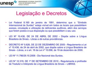 Legislação e Decretos
• Lei Federal 8.160 de janeiro de 1991, determina que o “Símbolo
Internacional de Surdez” esteja visível em todos os locais que possibilitem
acesso, circulação e utilização de deficientes auditivos, além dos serviços
que forem postos à sua disposição ou que possibilitem o seu uso.
• LEI Nº 10.436, DE 24 DE ABRIL DE 2002 - Dispõe sobre a Língua
Brasileira de Sinais - Libras e dá outras providências.
• DECRETO Nº 5.626, DE 22 DE DEZEMBRO DE 2005 - Regulamenta a Lei
nº 10.436, de 24 de abril de 2002, que dispõe sobre a Língua Brasileira de
Sinais - Libras, e o art. 18 da Lei nº 10.098, de 19 de dezembro de 2000.
• LEI Nº 11.796/29.10.2008 - Dia Nacional dos Surdos.
• LEI Nº 12.319, DE 1º DE SETEMBRO DE 2010 - Regulamenta a profissão
de Tradutor e Intérprete da Língua Brasileira de Sinais – LIBRAS.
 