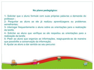 No plano pedagógico:
1- Solicitar que o aluno formule com suas próprias palavras a demanda do
professor ;
2- Perguntar ao aluno se ele já realizou aprendizagens ou problemas
semelhantes;
3- interrogar frequentemente o aluno sobre as orientações para a realização
da tarefa;
4- Solicitar ao aluno que verifique se ele respeitou as orientações para a
realização da tarefa;
5- Pedir ao aluno que organize as informações, reagrupando-as de maneira
que possibilite a conservação da informação;
6- Ajudar ao aluno a dar sentido ao seu percurso
 