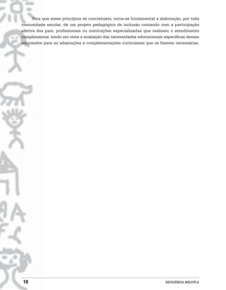 Para que esses princípios se concretizem, torna-se fundamental a elaboração, por toda
comunidade escolar, de um projeto pedagógico de inclusão contando com a participação
efetiva dos pais, profissionais ou instituições especializadas que realizam o atendimento
complementar, tendo em vista a avaliação das necessidades educacionais específicas desses
educandos para as adaptações e complementações curriculares que se fizerem necessárias.




10                                                                       DEFICIÊNCIA MÚLTIPLA
 