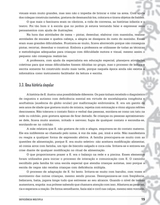 visuais eram muito grandes, mas isso não o impedia de brincar e rolar na areia. Com ajuda
dos colegas construía castelos, gostava de desmanchá-los, colocava e tirava objetos de baldes.
      O que mais o fascinava eram os cânticos, a roda de conversa, as histórias infantis e o
teatro. Foi tão bom ir à escola que no jardim já estava tentando falar e expressar seus
pensamentos com ajuda de ilustrações.
      Na hora das atividades de mesa − pintar, desenhar, elaborar com massinha, realizar
atividades de encaixe e quebra cabeça, a alegria se dissipava do rosto do mocinho. Essas
eram suas grandes dificuldades. Frustrava-se muito, ficava aborrecido porque não conseguia
pintar, recortar, desenhar e construir. Embora a professora se utilizasse de todas as técnicas
e metodologias adequadas para crianças com dificuldade motora e visual, mesmo assim o
pequeno não conseguia realizá-las.
      A professora, com ajuda da especialista em educação especial, planejava atividades
coletivas para que essas dificuldades fossem diluídas no grupo, mas o processo de leitura e
escrita somente foi construído muito mais tarde, porque naquela época ainda não existia a
informática como instrumento facilitador da leitura e escrita.



3.3. Uma história singular
       A história de E. ilustra uma possibilidade diferente. Os pais tinham recebido o diagnóstico
de cegueira e autismo com deficiência mental em virtude de encefalopatia congênita e
anoftalmia (ausência do globo ocular) por malformação embrionária. E. era um garoto de
seis anos de idade que gostava muito de música, repetia com entonação e ritmo alguns refrões
desconexos. Não tolerava o contato físico e verbal das pessoas, enrolava-se como um tatu na
rede ou colchão, pois gostava apenas de ficar deitado. Se crianças ou pessoas aproximavam-
se dele, ficava muito ansioso, irritado e nervoso; fugia de qualquer contato e escondia-se,
enrolando-se no colchão.
       A mãe relatava que E. não gostava de colo e afagos, esquivava-se do contato materno.
Ele era indiferente ao chamado pelo nome, à voz da mãe, pai, irmã e avós. Não manifestava
ou reagia a qualquer forma de expressão afetiva. A família preocupava-se muito com as
questões de alimentação, porque E. era muito seletivo: não aceitava modificação alimentar,
só comia arroz com farinha, um tipo de biscoito salgado e coca-cola. Irritava-se e entrava em
crise diante de qualquer modificação no ritual de alimentação.
       O que proporcionava prazer a E. era o balanço na rede e a piscina. Esses elementos
foram utilizados para iniciar o processo de interação e comunicação com E. O caminho
escolhido pela família foi uma escola especial que atendia crianças autistas, isso porque a
escola de cegos não recebia crianças com deficiência múltipla.
       O processo de adaptação de E. foi lento. Irritava-se muito com barulho, com vozes e
movimento das outras crianças, mesmo sendo poucas. Desorganizava-se com freqüência,
beliscava, batia, jogava longe tudo que estivesse ao seu alcance. Quando o nível de tensão
aumentava, engolia sua prótese sabendo que chamava atenção com isso. Afastava as pessoas,
ria e esperava a reação. De forma semelhante, fazia xixi e cocô nas calças, mesmo sem vontade,


DEFICIÊNCIA MÚLTIPLA                                                                           15
 