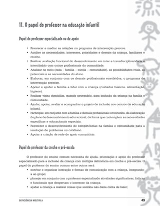 11. 0 papel do professor na educação infantil

Papel do professor especializado ou de apoio
      • Favorecer e mediar as relações no programa de intervenção precoce.
      • Acolher as necessidades, interesses, prioridades e desejos da criança, familiares e
        creche.
      • Realizar avaliação funcional do desenvolvimento em inter e transdisciplinaridade e
        intercâmbio com outros profissionais da comunidade.
      • Analisar no meio (casa – família – escola – comunidade), as possibilidades reais, as
        potenciais e as necessidades do aluno.
      • Elaborar, em conjunto com os demais profissionais envolvidos, o programa de
        intervenção precoce.
      • Apoiar e ajudar a família a lidar com a criança (cuidados básicos, alimentação,
        higiene).
      • Realizar visita domiciliar, quando necessário, para inclusão da criança na família e
        comunidade.
      • Ajudar, apoiar, avaliar e acompanhar o projeto de inclusão nos centros de educação
        infantil.
      • Participar, em conjunto com a família e demais profissionais envolvidos, da elaboração
        do plano de desenvolvimento educacional, de forma que contemplem as necessidades
        específicas e educacionais especiais.
      • Favorecer o desenvolvimento de competências na família e comunidade para a
        resolução de problemas no cotidiano.
      • Apoiar a criação de rede de apoio comunitário.



Papel do professor da creche e pré-escola
     O professor do ensino comum necessita de ajuda, orientação e apoio do professor
especializado para a inclusão da criança com múltipla deficiência em creche e pré-escola. O
papel do professor do ensino comum entre outros será:
     • motivar e organizar interação e formas de comunicação com a criança, integrando-
        a ao grupo;
     • planejar em conjunto com o professor especializado atividades significativas, lúdicas
        e funcionais que despertam o interesse da criança;
     • ajudar a criança a realizar coisas que sozinha não daria conta de fazer;



DEFICIÊNCIA MÚLTIPLA                                                                       49
 