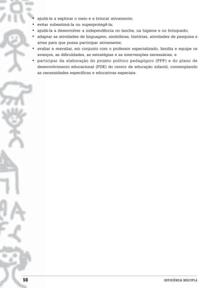 • ajudá-la a explorar o meio e a brincar ativamente;
     • evitar subestimá-la ou superprotegê-la;
     • ajudá-la a desenvolver a independência no lanche, na higiene e no brinquedo;
     • adaptar as atividades de linguagem, simbólicas, histórias, atividades de pesquisa e
       artes para que possa participar ativamente;
     • avaliar e reavaliar, em conjunto com o professor especializado, família e equipe os
       avanços, as dificuldades, as estratégias e as intervenções necessárias, e
     • participar da elaboração do projeto político pedagógico (PPP) e do plano de
       desenvolvimento educacional (PDE) do centro de educação infantil, contemplando
       as necessidades específicas e educativas especiais.




50                                                                      DEFICIÊNCIA MÚLTIPLA
 