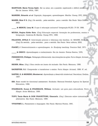 MANTOAN, Maria Teresa Eglér. Ser ou estar, eis a questão: explicando o déficit intelectual.
   Rio de Janeiro: WVA, 1997.

MANZINI, Eduardo et al. Cognição, linguagem, aprendizagem. Marília: Unesp, FFC, 2002.

MASINI, Elcie F S. (Org.) Do sentido... pelos sentidos... para o sentido. São Paulo: Vetor Editora,
               .
   2002.

_____ & MERCH, Leny M. O que é educação inclusiva? Integração 8 (20): 37-39. 1998.

MIURA, Regina Keiko Kato. (Org) Educação especial: formação de professores, ensino e
   Integração. Cadernos 8. Marília: Unesp FFC, 1999.

PALACIOS, AYOLA C. Intervenção precoce e liderança das famílias. In: MASINI, Elcie F.S.
    (Org) Do sentido... pelos sentidos... para o sentido. São Paulo: Vetor editora, 2002.

PIAGET, J. Desenvolvimento e aprendizagem. In: Studying teaching. Prentice Hall, 1971.

_____ & GRECO. Aprendizagem e conhecimento. Rio de Janeiro: Freitas Bastos, 1976.

PERRENOUD, Philippe. Pedagogia diferenciada: das intenções às ações. Porto Alegre: Artmed,
   1998.

REGEN, Mina. (Org.) Uma creche em busca de inclusão. São Paulo: Memnon, 1998.

SACRISTÁN, G.J. Comprender e transformar o ensino. Porto Alegre: Artmed, 1998. 4ª. ed.

SASTRE, G. & MORENO, Montserrat. Aprendizaje y desarrollo intelectual. Barcelona: Gedisa,
    1987.

SIH. Basic model for functional assessment. Stockolm: National Swedish Agency for Special
     Education, 1996.

STAINBACK, Suzan & STAINBACK, William. Inclusão: um guia para educadores. Porto
    Alegre: Artes Médicas, 1999.

TUPY, Tania Maria & DON PRAVETTONI, Giancarlo. (Org.) Discurso sobre comunicação
   alternativa. São Paulo: Memnon, 1999.

VYGOTSKY, L. Pensamento e linguagem. São Paulo: Martins Fontes, 1991.




DEFICIÊNCIA MÚLTIPLA                                                                            59
 