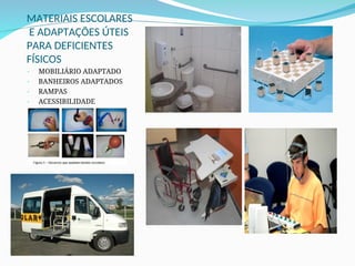 MATERIAIS ESCOLARES
E ADAPTAÇÕES ÚTEIS
PARA DEFICIENTES
FÍSICOS
- MOBILIÁRIO ADAPTADO
- BANHEIROS ADAPTADOS
- RAMPAS
- ACESSIBILIDADE
 