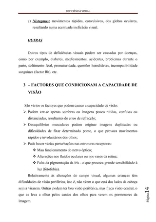 DEFICIÊNCIA VISUAL


      c) Nistagmus: movimentos rápidos, convulsivos, dos globos oculares,
          resultando numa acentuada ineficácia visual.


      OUTRAS


      Outros tipos de deficiências visuais podem ser causadas por doenças,
como por exemplo, diabetes, medicamentos, acidentes, problemas durante o
parto, sofrimento fetal, prematuridade, questões hereditárias, incompatibilidade
sanguínea (factor Rh), etc.


   3 – FACTORES QUE CONDICIONAM A CAPACIDADE DE
      VISÃO


    São vários os factores que podem causar a capacidade de visão:
    Podem ver-se apenas sombras ou imagens pouco nítidas, confusas ou
      distanciadas, resultantes de erros de refracção;
    Desequilíbrios musculares podem originar imagens duplicadas ou
      dificuldades de fixar determinado ponto, o que provoca movimentos
      rápidos e involuntários dos olhos;
    Pode haver várias perturbações nas estruturas receptoras:
           Mau funcionamento do nervo óptico;
           Alterações nos fluidos oculares ou nos vasos da retina;
           Falta da pigmentação da íris - o que provoca grande sensibilidade à
             luz (fotofobia).
      Relativamente às alterações do campo visual, algumas crianças têm
dificuldades de visão periférica, isto é, não vêem o que está dos lados da cabeça
                                                                                    14




sem a virarem. Outras podem ter boa visão periférica, mas fraca visão central, o
                                                                                    Página




que as leva a olhar pelos cantos dos olhos para verem os pormenores da
imagem.
 